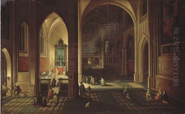 The Interior Of A Gothic Cathedral With Evening Mass - view 1