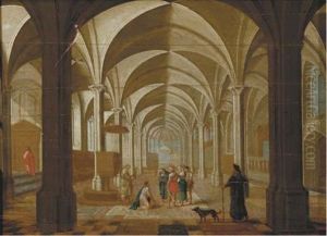 The Transept Of A Gothic Church With Christ And The Woman Taken In Adultery