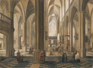 The Interior Of A Cathedral With Elegant Company, A Service In Progress In A Side Altar