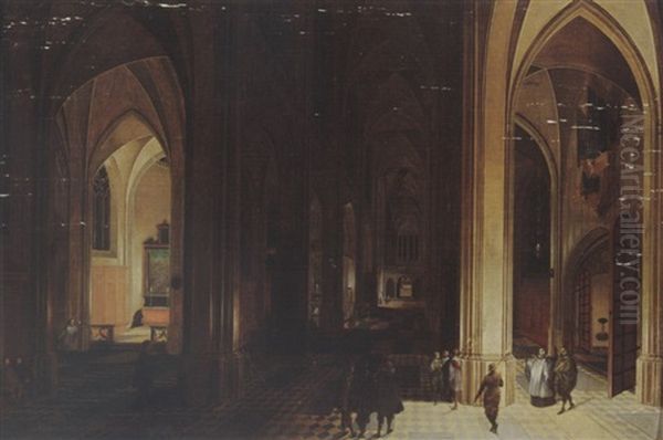 A Church Interior By Night With A Priest And Other Figures By Torchlight - view 1
