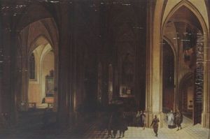 A Church Interior By Night With A Priest And Other Figures By Torchlight