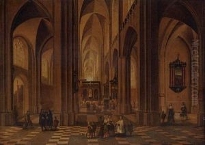 The Interior Of A Cathedral With Elegant Company, A Service In Progress In A Side Altar