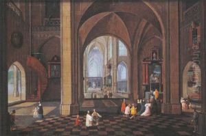 Scene D'interieur D'eglise Anime De Personnages by Peeter Neeffs the Elder