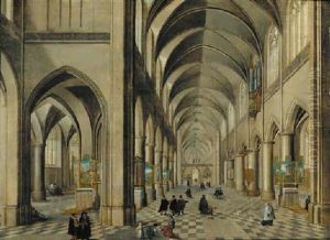 The Interior Of A Gothic Cathedral With Elegant Company And Other Figures by Peeter Neeffs the Elder