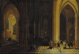 The Interior Of A Gothic Cathedral At Night With A Procession In The Foreground by Peeter Neeffs the Elder