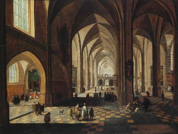 Interior Of A Gothic Cathedral With Figures Conversing, Dogs And Beggars, And A Priest Conducting Mass In A Side Chapel - view 1