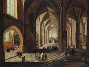 Interior Of A Gothic Cathedral With Figures Conversing, Dogs And Beggars, And A Priest Conducting Mass In A Side Chapel Interior Of A Gothic Cathedral With Figures Conversing, Dogs And Beggars, And A Priest Conducting Mass In A Side Chapel