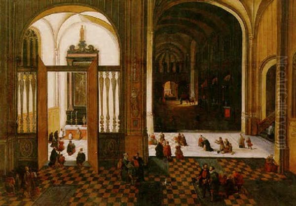Interior Of A Cathedral At Night, With Figures Holding Mass In A Chapel - view 1