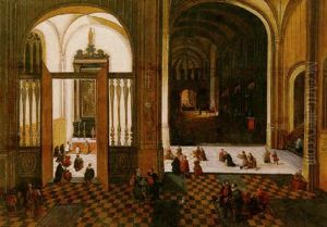Interior Of A Cathedral At Night, With Figures Holding Mass In A Chapel by Peeter Neeffs the Elder