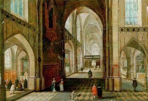 The Interior Of A Cathedral Looking East With Elegant Company, A Mass Being Performed In A Side Chapel by Peeter Neeffs the Elder