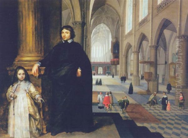 Portrait Of A Cleric Dressed In A Black Habit And A Young Girl (his Sister?) Standing Beside A Pillar In The Nave Of A Cathedral - view 1