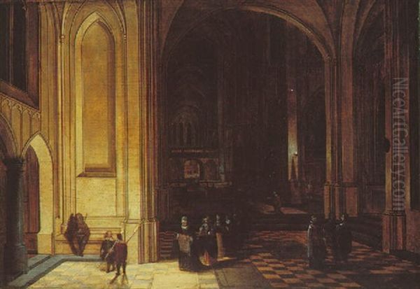 Interior Of A Cathedral At Night With Numerous Figures Conversing - view 1