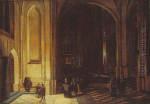Interior Of A Cathedral At Night With Numerous Figures Conversing by Peeter Neeffs the Elder