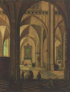 The Transept Of A Gothic Cathedral With Worshippers And Beggars by Peeter Neeffs the Elder