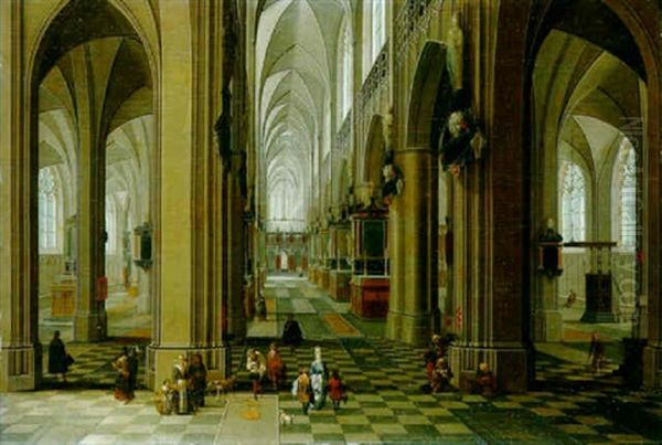 The Interior Of A Gothic Cathedral With Townfolk And Pilgrims - view 1
