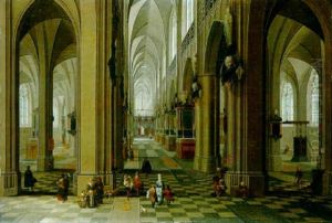 The Interior Of A Gothic Cathedral With Townfolk And Pilgrims