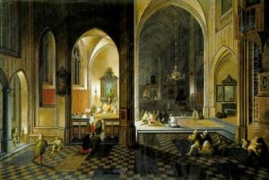 A Church At Night With A Priest Celebrating Mass In A Side Chapel by Peeter Neeffs the Elder