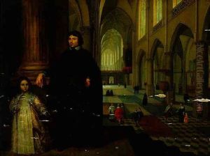 Portrait Of A Cleric Dressed In Black Habit, And A Young Girl Standing Beside A Pillar In The Nave Of A Cathedral
