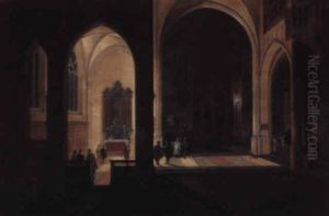 The Interior Of A Church At Night Looking East, With A Service Commencing