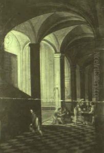Soldiers Playing Dice And Others Warming Themselves At A Brazier by Peeter Neeffs the Elder