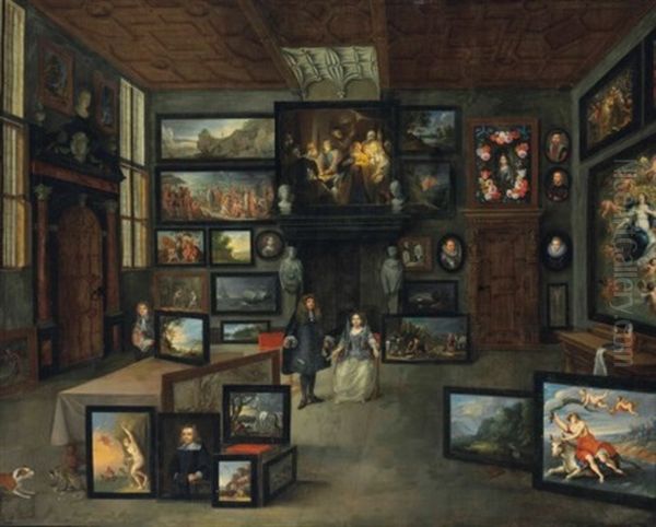 Portrait Of An Elegantly Dressed Couple And A Page In A Picture Gallery - view 1