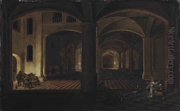 A Grand Interior By Night With Men Playing Cards And The Summoning Of Saint Peter - view 1