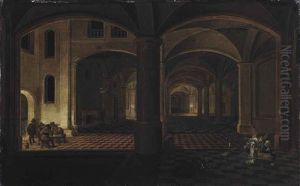 A Grand Interior By Night With Men Playing Cards And The Summoning Of Saint Peter by Peeter Neeffs the Younger