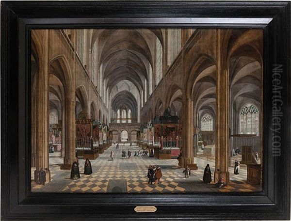 Interieur De La Cathedrale D'anvers Anime D'une Messe, De Soeurs, De Personnages Nobles, De Mendiants Et D'autels - view 1