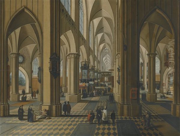 Interior Of A Gothic Church With Figures Attending Mass - view 1