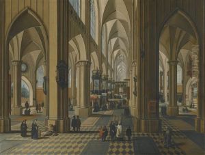 Interior Of A Gothic Church With Figures Attending Mass by Peeter Neeffs the Younger