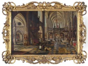 Interior Of Antwerp Cathedral With Figures At Prayer And Visiting