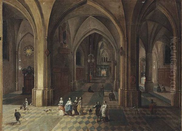 Interior Of A Gothic Church With Elegant Figures And A Dog In The Foreground - view 1