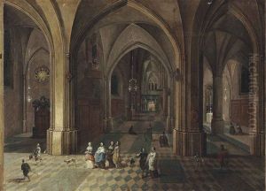 Interior Of A Gothic Church With Elegant Figures And A Dog In The Foreground by Peeter Neeffs the Younger
