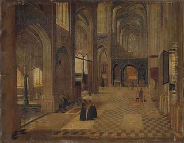 An Interior Of A Gothic Church With Figures Conversing In The Nave - view 1