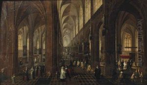 The Interior Of The Onze-lieve-vrouwe-kerk In Antwerp With Elegant Figures Conversing by Peeter Neeffs the Younger