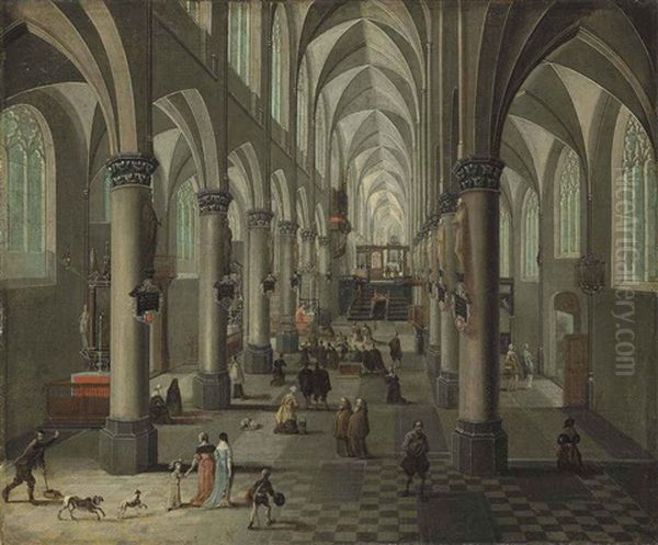 Interior Of A Gothic Church With Elegant Figures And Dogs In The Foreground And A Mass Beyond - view 1