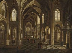 The Interior Of A Cathedral With Elegant Figures, A Procession Beyond by Peeter Neeffs the Younger