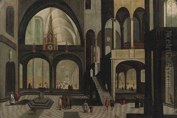 The Interior Of A Gothic Church With Elegant Figures Conversing - view 1
