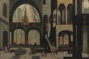 The Interior Of A Gothic Church With Elegant Figures Conversing by Peeter Neeffs the Younger