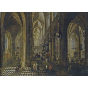 A Capriccio Of The Antwerp Cathedral Interior With Elegantly Dressed Figures by Peeter Neeffs the Younger