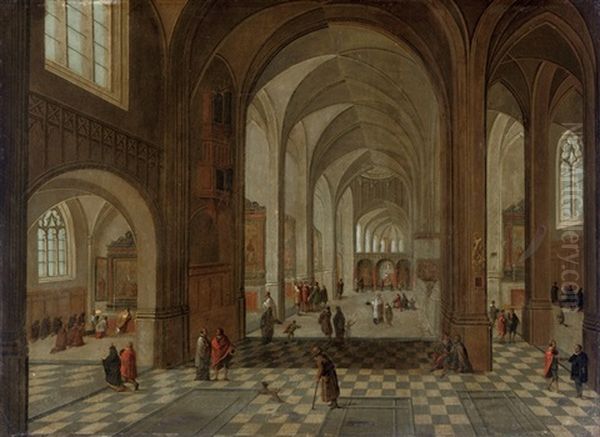 An Interior Of A Gothic Church With Elegant Figures Conversing - view 1