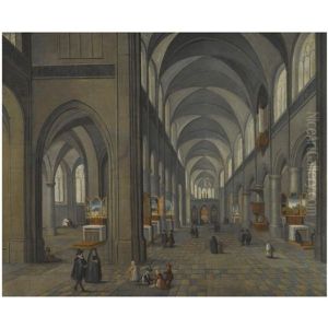 The Interior Of A Gothic Church, A Free Depiction Of The Interior Of Antwerp Cathedral by Peeter Neeffs the Younger