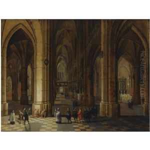 A Church Interior Of The Cathedral Of Antwerp With A Procession In The Foreground And Beggars Seated To The Left by Peeter Neeffs the Younger