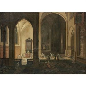 The Interior Of A Gothic Church By Night, With A Priest Conducting A Service In A Side Chapel The Interior Of A Gothic Church By Night, With A Priest Conducting A Service In A Side Chapel