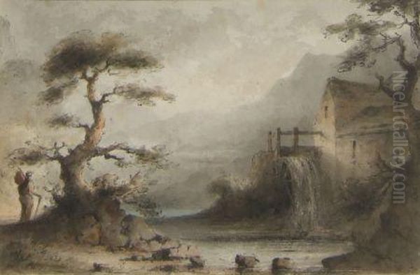 Traveller In Landscape By An Oldwatermill - view 1
