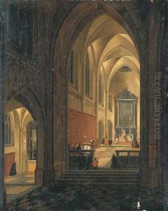 A Night-time Interior Of A Cathedral With A Priest Celebrating Mass by Peeter Neeffs the Younger