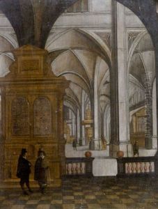 The Interior Of A Gothic Church With Two Gentlemen Conversing In The Foreground by Peeter Neeffs the Younger