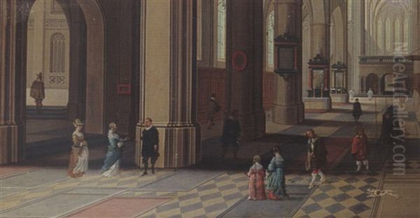 A Church Interior With Elegant Figures And A Dog In The Foreground - view 1