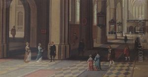 A Church Interior With Elegant Figures And A Dog In The Foreground by Peeter Neeffs the Younger