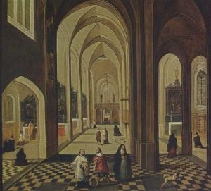 A Church Interior With Figures Attending Mass, And A Priest And Other Figures Conversing In The Foreground by Peeter Neeffs the Younger